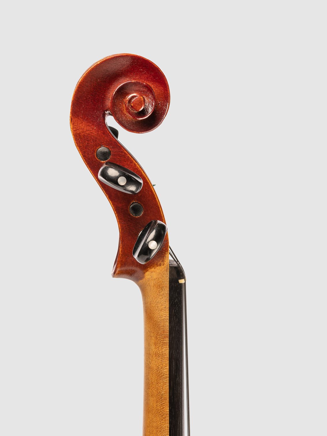Geige bzw. Bratsche, der Hals des Streichinstrumentes von der Seite. Freisteller, Packshoot.