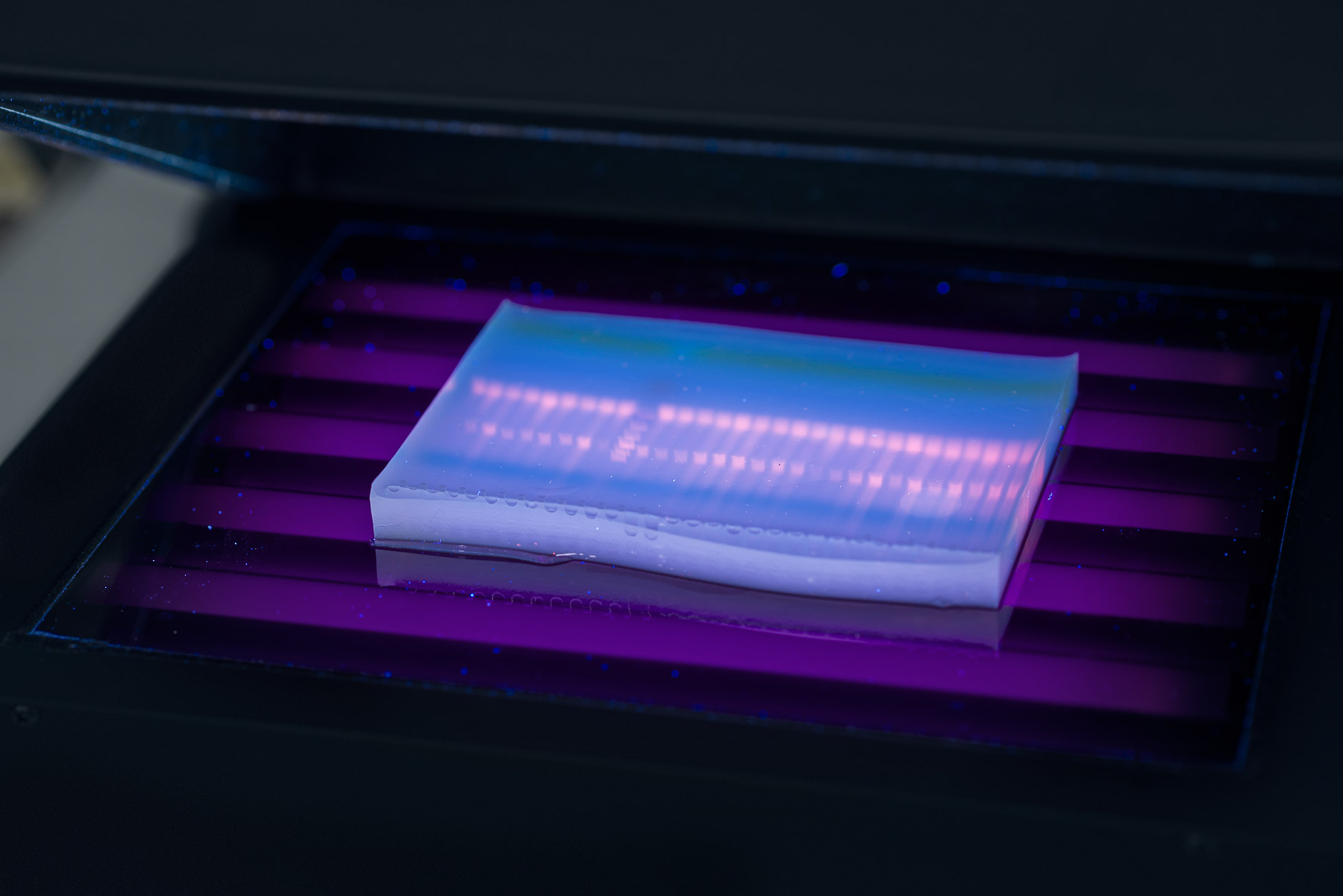 EIn Abdruck einer DNA ensteht im DNA-Labor. Durch UV Licht ist sie gut erkennbar.